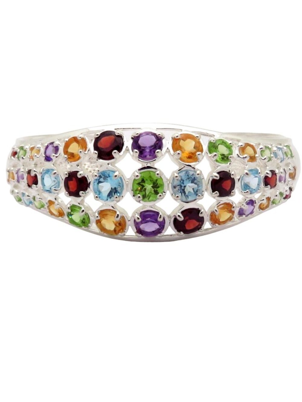 Vintage 925 Sterling Silver Colorful Multi-Gemstone Cuff Bracelet Thailand